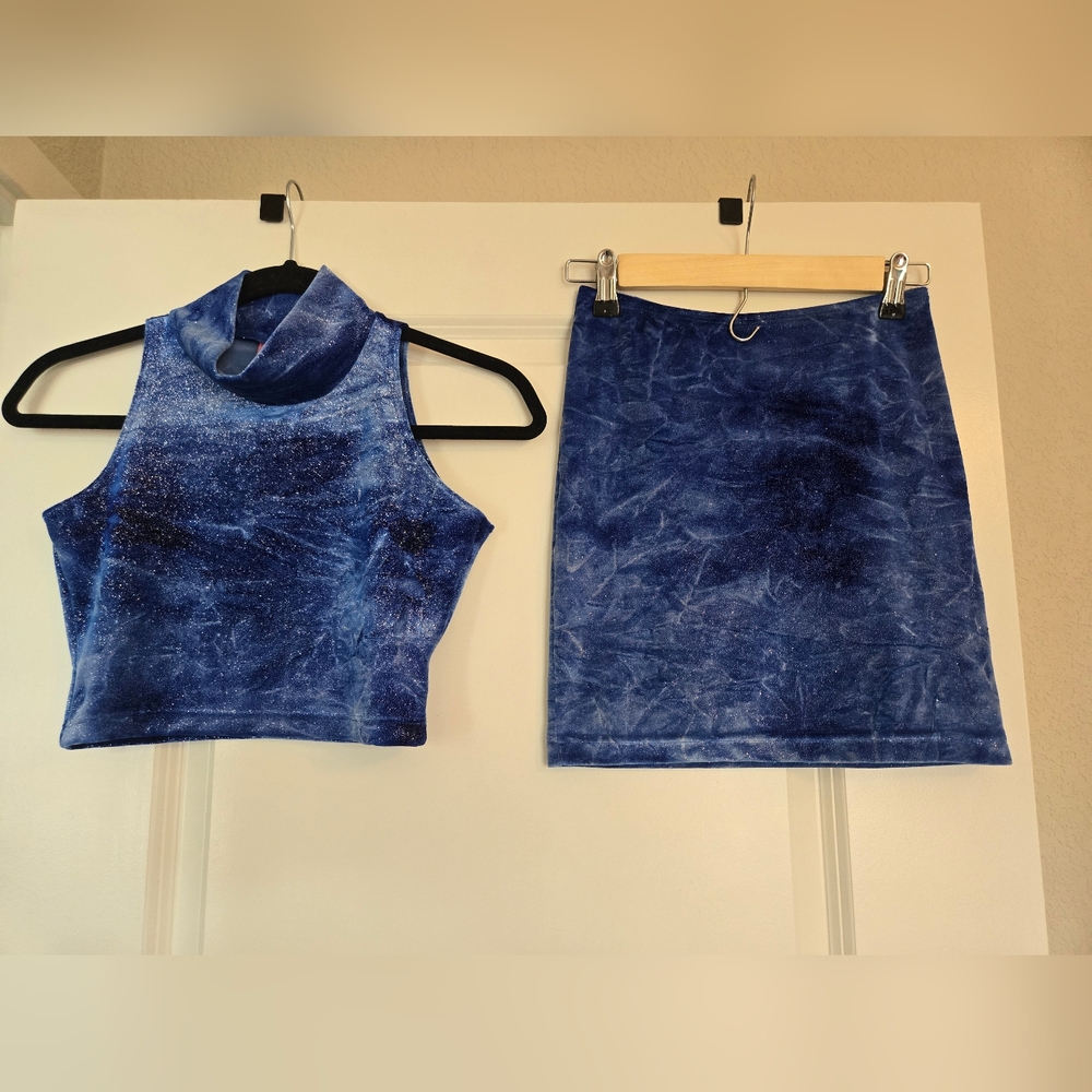 American Apparel Blue Velvet Sparkly Y2K Set Mini Skirt Crop Top Festival Rave